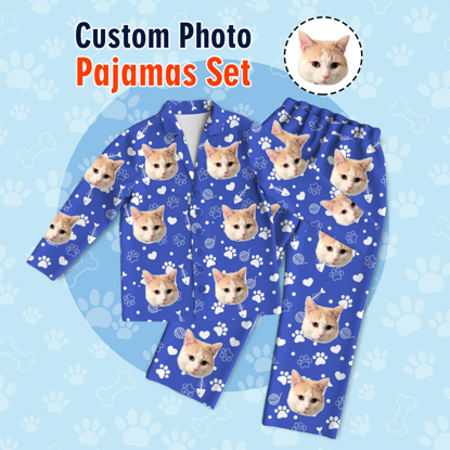 Picture of Customized Pajamas | Customized Photo Blue Cat Element Pajamas | Customized Photo Casual Home Pajamas Set