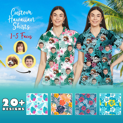 Picture of Custom Human and Pets Face Hawaiian Shirt for Women | Personalized Photo Hawaiian Shirt for Girls | Custom Hawaiian Shirt as Best Summer Gifts for Women