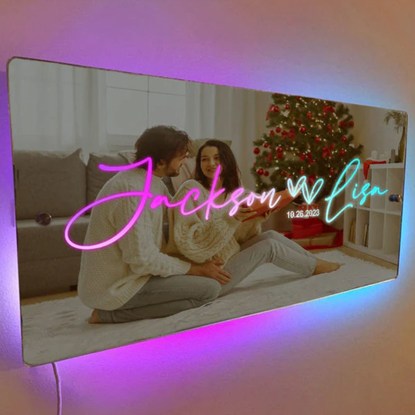 Picture of Personalized Name LED Neon Mirror Sign | Customized Illuminated Name Mirror Sign | Personalized Couple Name Mirror Light | Coolest Bedroom Decoration or Party Decoration Idea