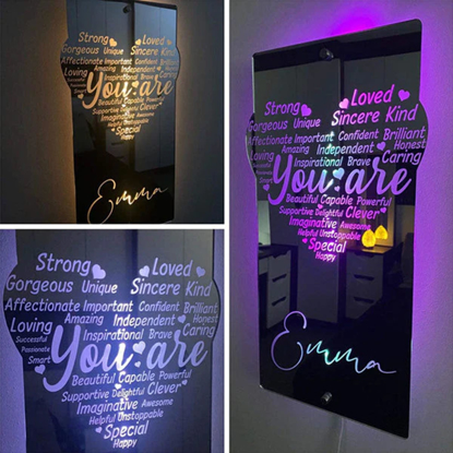 Picture of Personalized Name LED Neon Mirror Sign | Custom Illuminated Name Mirror Sign | Personalized Heart-Shaped Mirror | Multi-color Mirror | Creative Gift for Kids