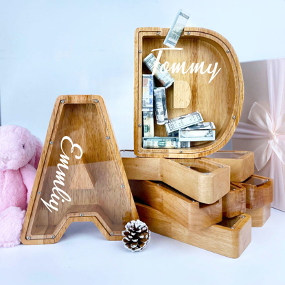 Picture of Personalized Wooden Piggy Bank for Kids Boys Girls | Large Piggy Banks 26 English Alphabet Letter-G | Transparent Money Saving Box | Best Gift for Children on Birthday or Christmas