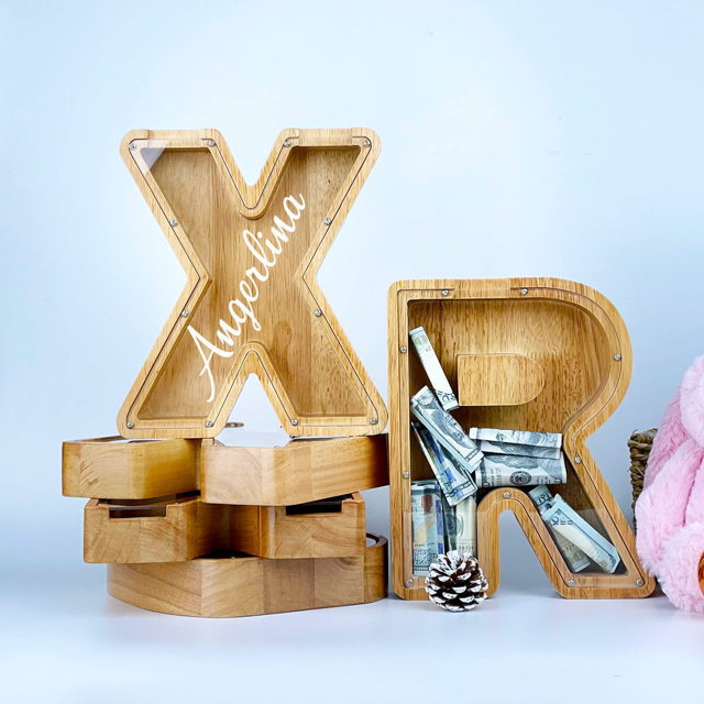 Picture of Personalized Wooden Piggy Bank for Kids Boys Girls | Large Piggy Banks 26 English Alphabet Letter-G | Transparent Money Saving Box | Best Gift for Children on Birthday or Christmas