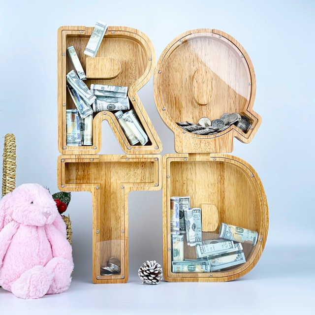 Picture of Personalized Wooden Piggy Bank for Kids Boys Girls | Large Piggy Banks 26 English Alphabet Letter-G | Transparent Money Saving Box | Best Gift for Children on Birthday or Christmas