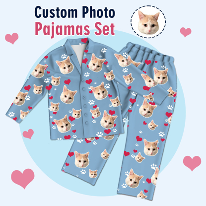 Picture of Customized Photo Pajamas | Customized Cat Photo Pajamas | Customized Home Heart And Cat Paw Pajamas Set