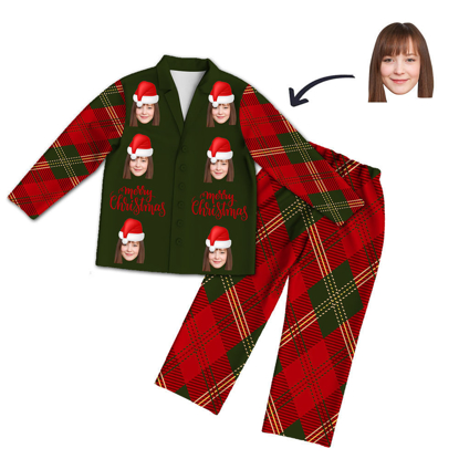 Picture of Customized Face Pajamas | Customized Photo Red Pajamas | Customized Photo Red Plaid Christmas Style Pajamas Set