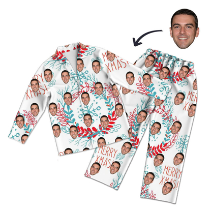 Picture of Customized Face Pajamas | Personalized Photo Pajamas | Customized White Christmas Style Pajamas Set MERRY XMAS