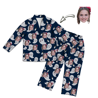 Picture of Customized Face Pajamas | Personalized Photo Dark Blue Pajamas | Customized Avatar Photo Cute Spooky Halloween Style Pajamas Set