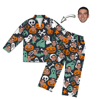 Picture of Customized Face Pajamas | Personalized Photo Pajamas | Customized Photo Halloween Pumpkin Ghost Bat And Other Elements Pajamas Set