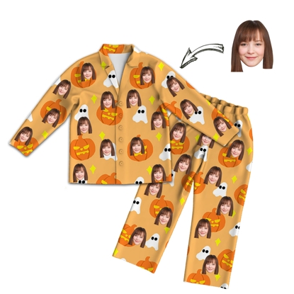 Picture of Custom Face Pajamas | Personalized Photo Orange Pajamas | Customized Photo Halloween Pumpkin Ghost Style Orange Pajamas Set