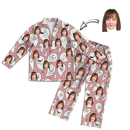 Picture of Custom Face Pajamas | Personalized Photo Pink Pajamas | Custom Face Photo Halloween Cute Ghost Style Pink Pajamas Set