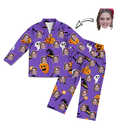 Picture of Custom Face Pajamas | Personalized Photo Purple Pajamas | Custom Face Photo Halloween Pumpkin Ghost Style Purple Pajamas Set