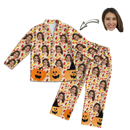 Picture of Custom Face Pajamas | Personalized Photo Yellow Pajamas | Custom Face Photo Halloween Pumpkin Style Yellow Pajamas Set