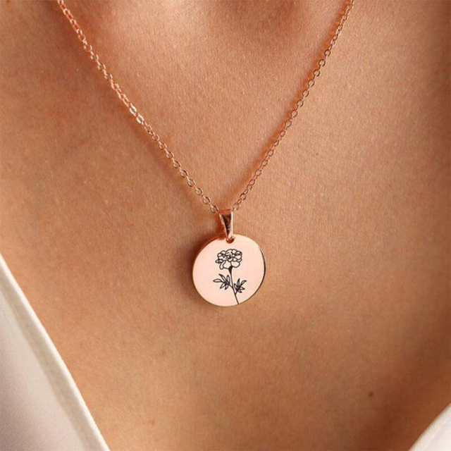 Picture of Custom Birth Flower Necklace Oval Disc Shape | Personalized Birth Flower Necklace | Unique Wedding Bridesmaid Gift Necklaces | Best Mother's day, Birthday Gift