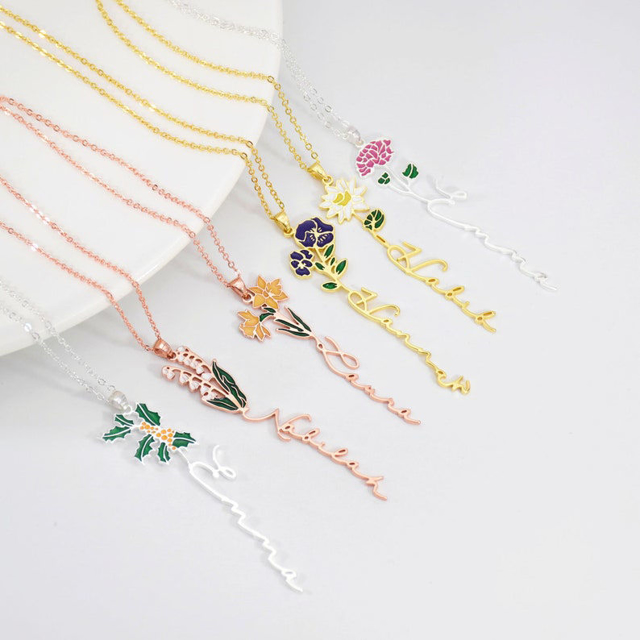 Picture of 925 Sterling Silver Personalized Colorful Birth Floral Pendant Name Necklace | Unique Gift for Mothers' Day | Custom Gift For Birthday,  Christmas, Anniversary