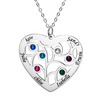 Picture of Heart Pendant Family Tree Birthstone Name Necklace in 925 Sterling Silver | Unique Souvenir for family members | Best Christmas present