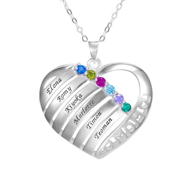 Picture of 925 Sterling Silver Engraved Heart Pendant Family Birthstone Necklace for Moms | Best Birthday Gift | Family members Souvenir Gift