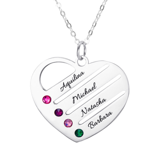 Picture of 925 Sterling Silve Engraved Heart Birthstone Family Name Necklace | Best Gift For Mothers' Day, Birthday and Christmas