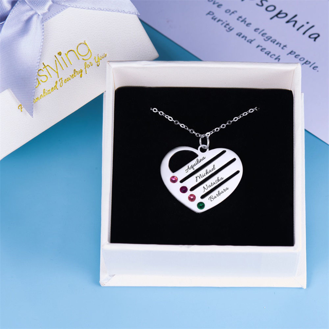 Picture of 925 Sterling Silve Engraved Heart Birthstone Family Name Necklace | Best Gift For Mothers' Day, Birthday and Christmas