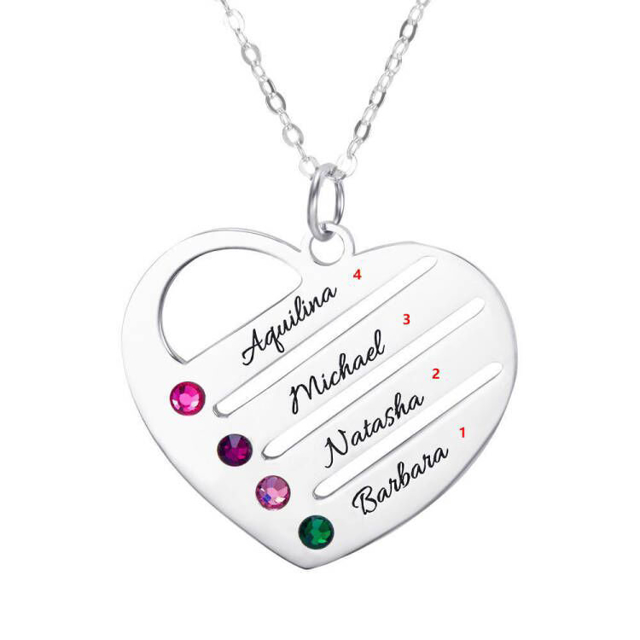 Picture of 925 Sterling Silve Engraved Heart Birthstone Family Name Necklace | Best Gift For Mothers' Day, Birthday and Christmas