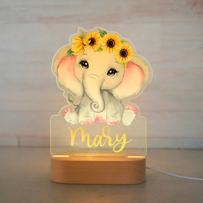 Picture of Custom Name Night Light for Kids | Personalized Cartoon Sunflower Elephant Night Light with LED Lighting | Best Birthday Gift For Kids