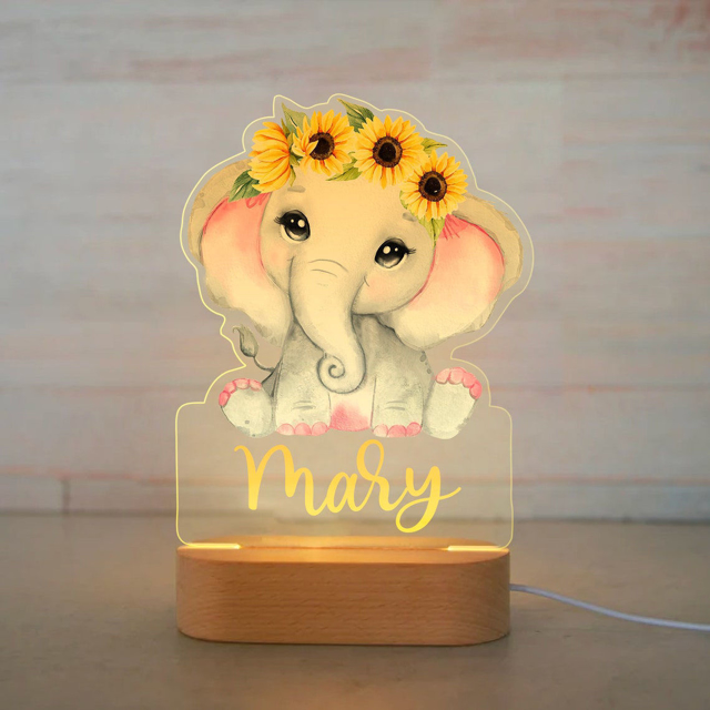 Picture of Custom Name Night Light for Kids | Personalized Cartoon Sunflower Elephant Night Light with LED Lighting | Best Birthday Gift For Kids