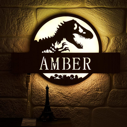 Picture of Personalized Night Light for Wall Decor | Custom Wooden Engraved Name Night Light | Jurassic Park