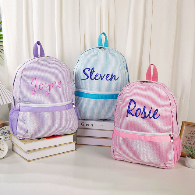 Picture of Custom Student Backpacks Pre-School Backpacks - Custom Embroidered Monogrammed Kids Seersucker Backpacks - Back to School Gifts for Kids