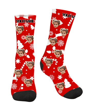Picture of Custom Face Socks with Text | Personalized Photo Socks | Custom Christmas Red Socks