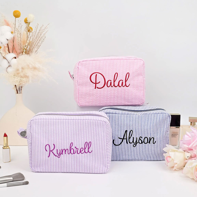 Picture of Custom Embroidered Striped Makeup Bag - Custom Seersucker Storage Makeup Bag - Personalized Travel and Business Travel Portable Storage Bag - Best for Women and Girls