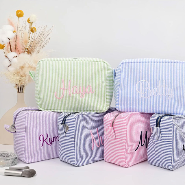 Picture of Custom Embroidered Striped Makeup Bag - Custom Seersucker Storage Makeup Bag - Personalized Travel and Business Travel Portable Storage Bag - Best for Women and Girls