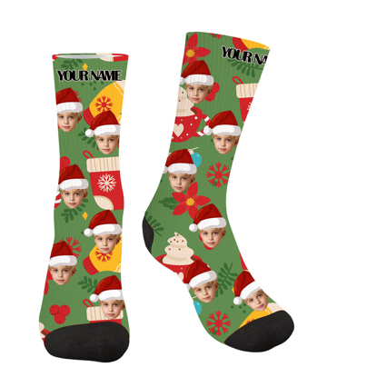 Picture of Custom Face Socks with Text | Personalized Photo Socks | Custom Christmas Style Green Socks