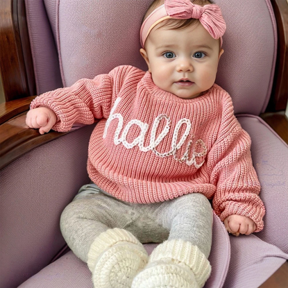 Picture of Personalized Embroidered Sweater for Baby & Toddler - Custom Name Embroidery Sweater - Best Knitted Xmas Sweater for Baby