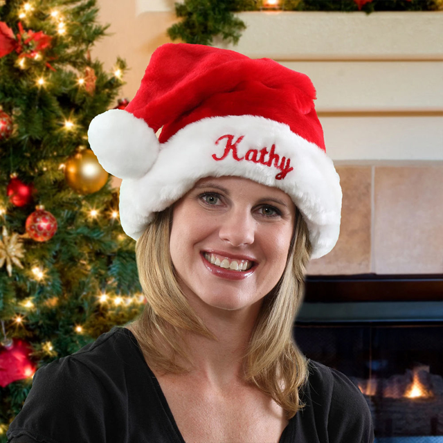 Picture of Custom Velvet Santa Hat with Name - Personalized Embroidered Family Christmas Hat - Best Christmas Gift