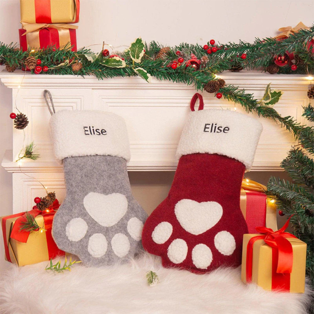 Picture of Custom Pet Christmas Stocking - Personalized Paw Shape Embroidery Christmas Stocking - Best Christmas Gifts