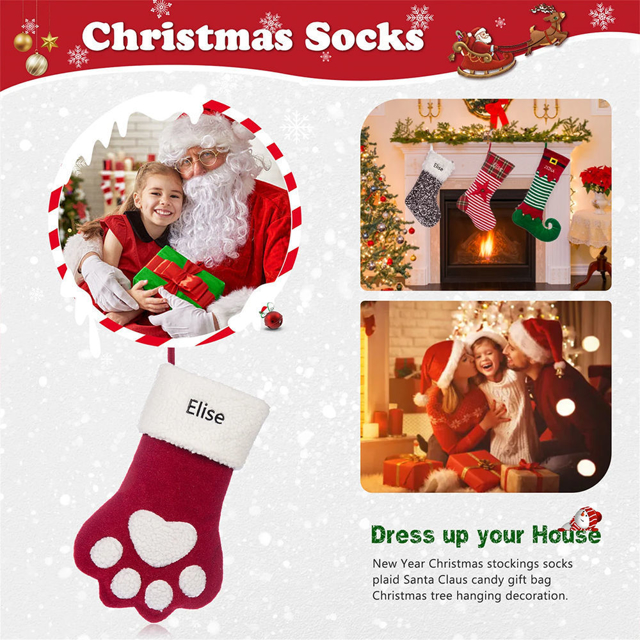 Picture of Custom Pet Christmas Stocking - Personalized Paw Shape Embroidery Christmas Stocking - Best Christmas Gifts