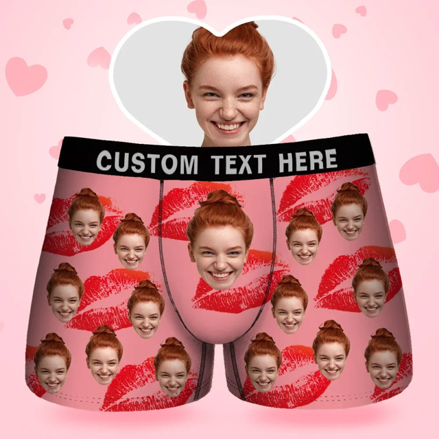 Picture of Customized underwear | Custom Men's Boxer Briefs | Custom Face Men's Boxer, Red Lips Style Underwear, Gifts for Husband, Waistband Text Boxer Gift