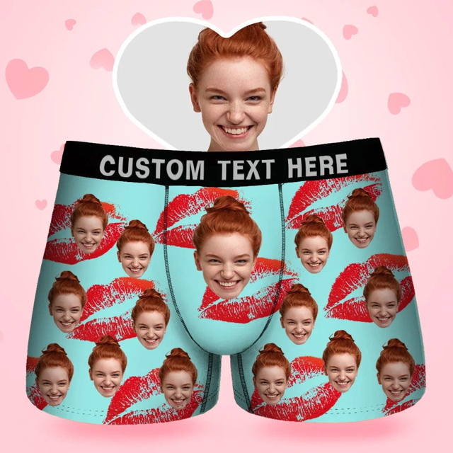 Picture of Customized underwear | Custom Men's Boxer Briefs | Custom Face Men's Boxer, Red Lips Style Underwear, Gifts for Husband, Waistband Text Boxer Gift