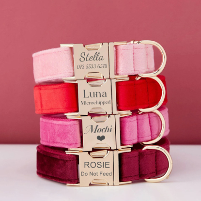 Afbeeldingen van Gepersonaliseerde hondenhalsband met naam - Aangepaste set van fluwelen hondenhalsbanden in meerdere kleuren - Gegraveerde metalen gesp voor het naamplaatje van het huisdier - Het beste cadeau voor een bruiloft of kerstpuppy