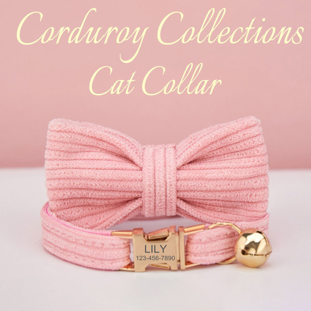 Picture of Personalized Corduroy Cat Collar Leash Set - Engraved Pet Name Metal Buckle - Best Wedding and Christmas Puppy Gift