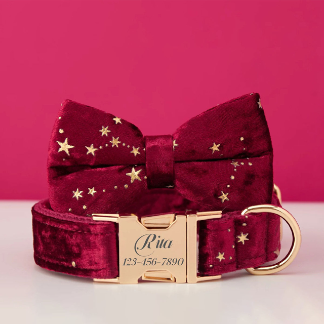 Picture of Personalized Dog Collar Bow Tie Leash Set with Starry Stars - Christmas Gifts for Dog