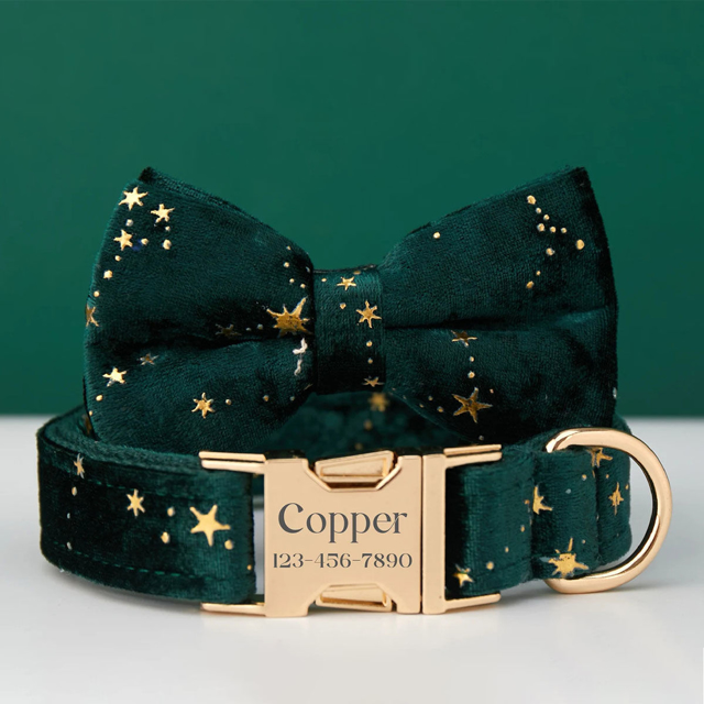 Picture of Personalized Dog Collar Bow Tie Leash Set with Starry Stars - Three Color Optional - Christmas Gifts for Dog