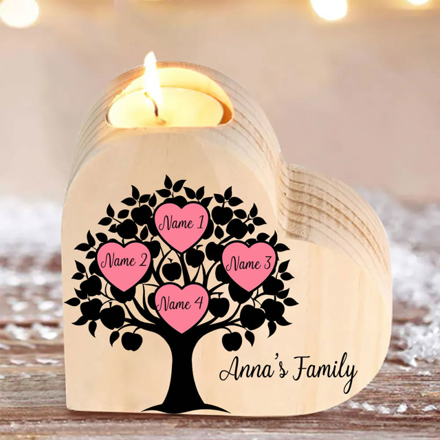 Picture of Custom Family Tree Wooden Candle holder - Personalized Heart Candle holder with Names - Best Christmas, Mother's day Gift