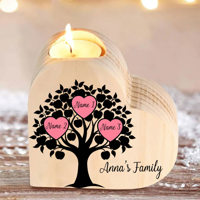 Picture of Custom Family Tree Wooden Candle holder - Personalized Heart Candle holder with Names - Best Christmas, Mother's day Gift