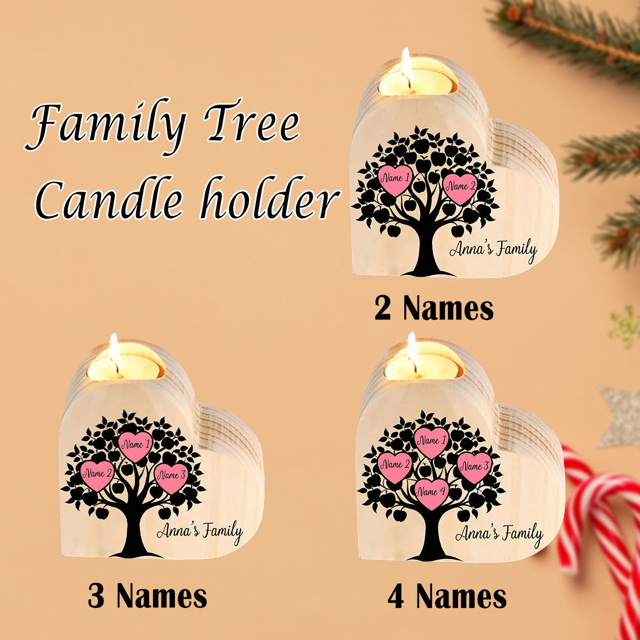 Picture of Custom Family Tree Wooden Candle holder - Personalized Heart Candle holder with Names - Best Christmas, Mother's day Gift