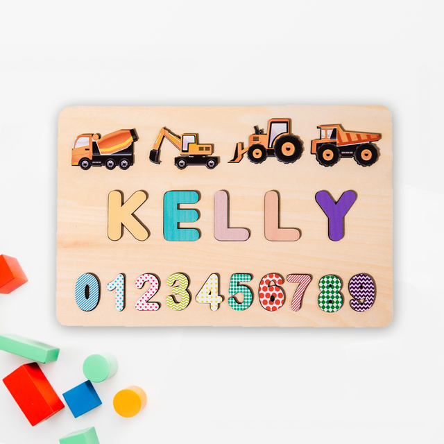 Picture of Personalized Wooden Puzzle Name Board - Custom Toy Gift for Baby and Kids - Excavator and Digital Style - 1st Birthday Gift for Baby Girl