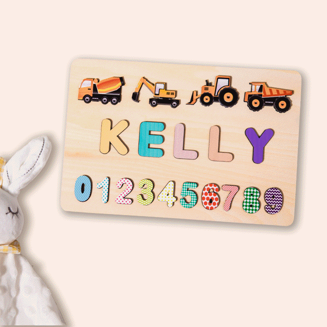 Picture of Personalized Wooden Puzzle Name Board - Custom Toy Gift for Baby and Kids - Excavator and Digital Style - 1st Birthday Gift for Baby Girl