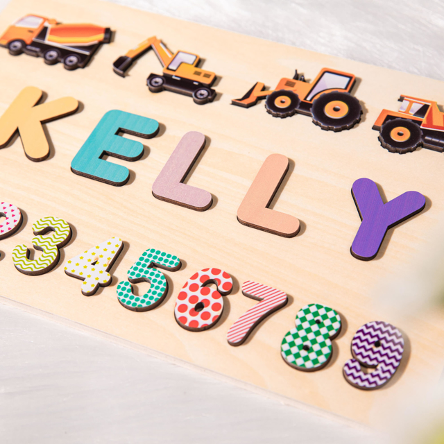 Picture of Personalized Wooden Puzzle Name Board - Custom Toy Gift for Baby and Kids - Excavator and Digital Style - 1st Birthday Gift for Baby Girl