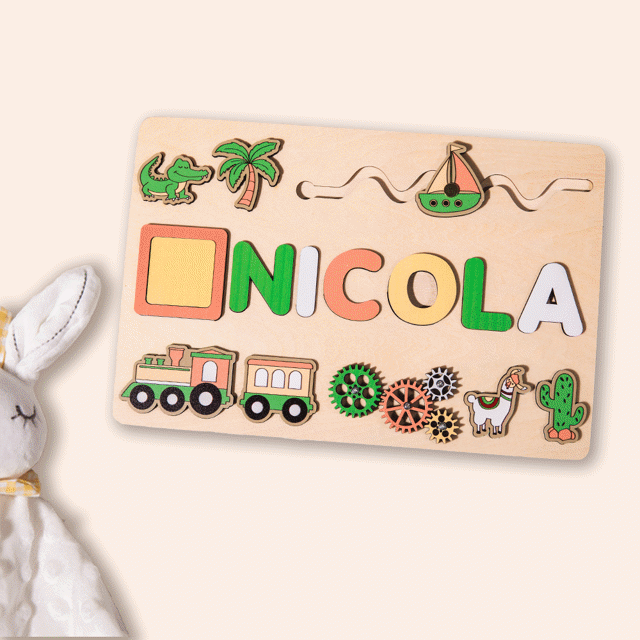 Picture of Personalized Wooden Puzzle Name Board - Custom Gift for Baby and Kids - Custom Name Puzzle - Small Train Style - 1st Birthday Gift for Baby Boy and Girl