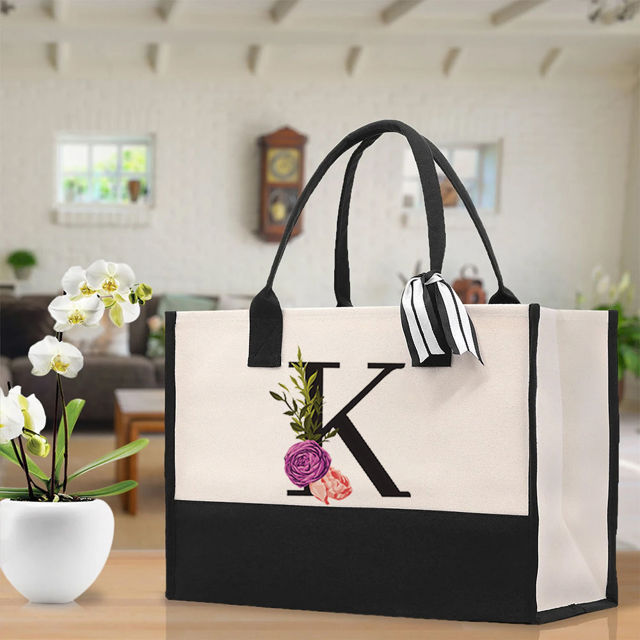 Picture of Custom Canvas Tote Bag with Flower - Personalized  Name Tote Bag - Best Bridesmaid Gift