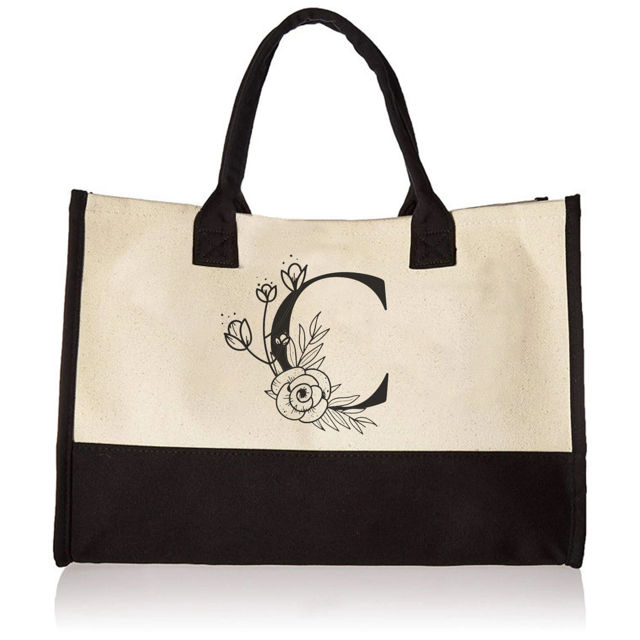 Picture of Custom Canvas Tote Bag with Flower - Personalized  Name Tote Bag - Best Bridesmaid Gift